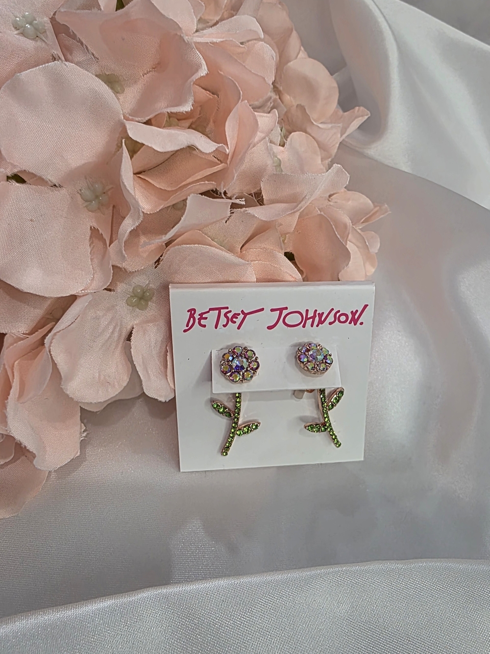 Betsey Johnson Pink-Multicolor Crystal Flower with Green Stem Earrings